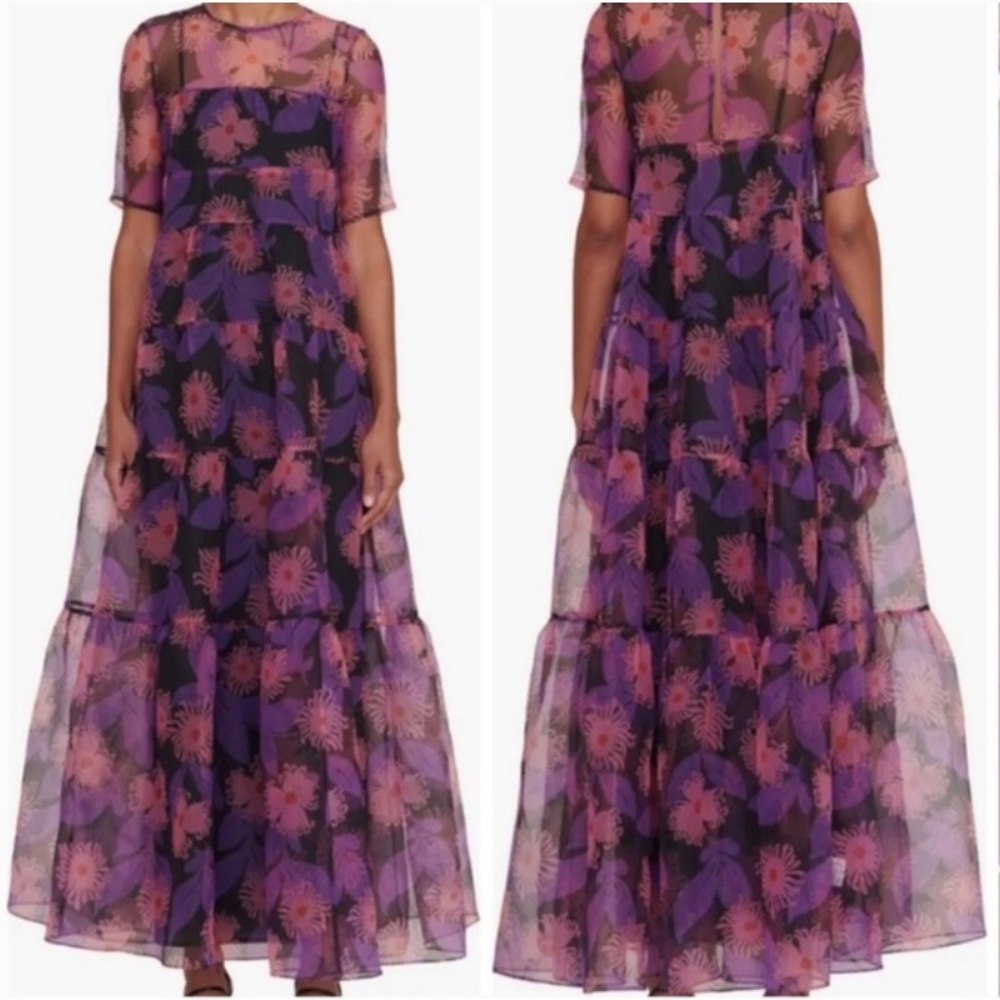 Staud Hyacinth Crepe Organza Tiered Maxi Dress in Quartz Acid Floral